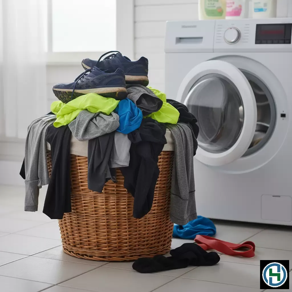 gemini_image_1770255233 Quần áo thể thao đẫm mồ hôi nếu không xử lý đúng cách sẽ gây mùi hôi khó chịu cho cả máy giặt