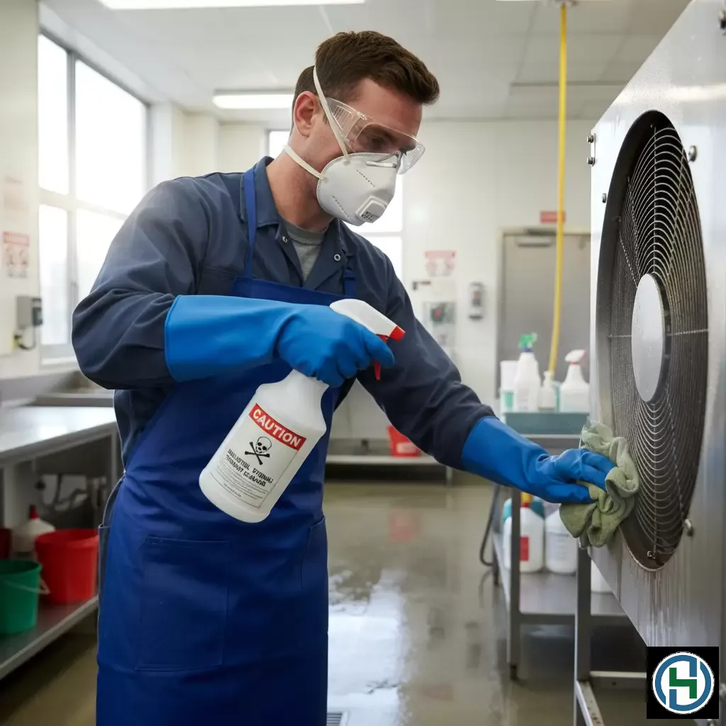 gemini_image_1770258019-1 Trang bị bảo hộ đầy đủ khi tiếp xúc với hóa chất tẩy rửa chuyên dụng