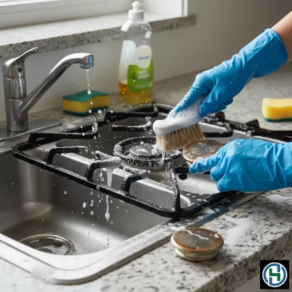 Ngâm kiềng bếp trong nước nóng giúp loại bỏ vết cháy khét dễ dàng