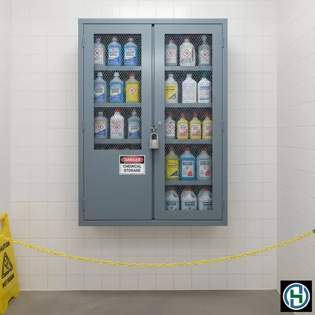gemini_image_1770260908 Lưu trữ hóa chất tẩy rửa an toàn trong tủ có khóa giúp phòng tránh các tai nạn đáng tiếc