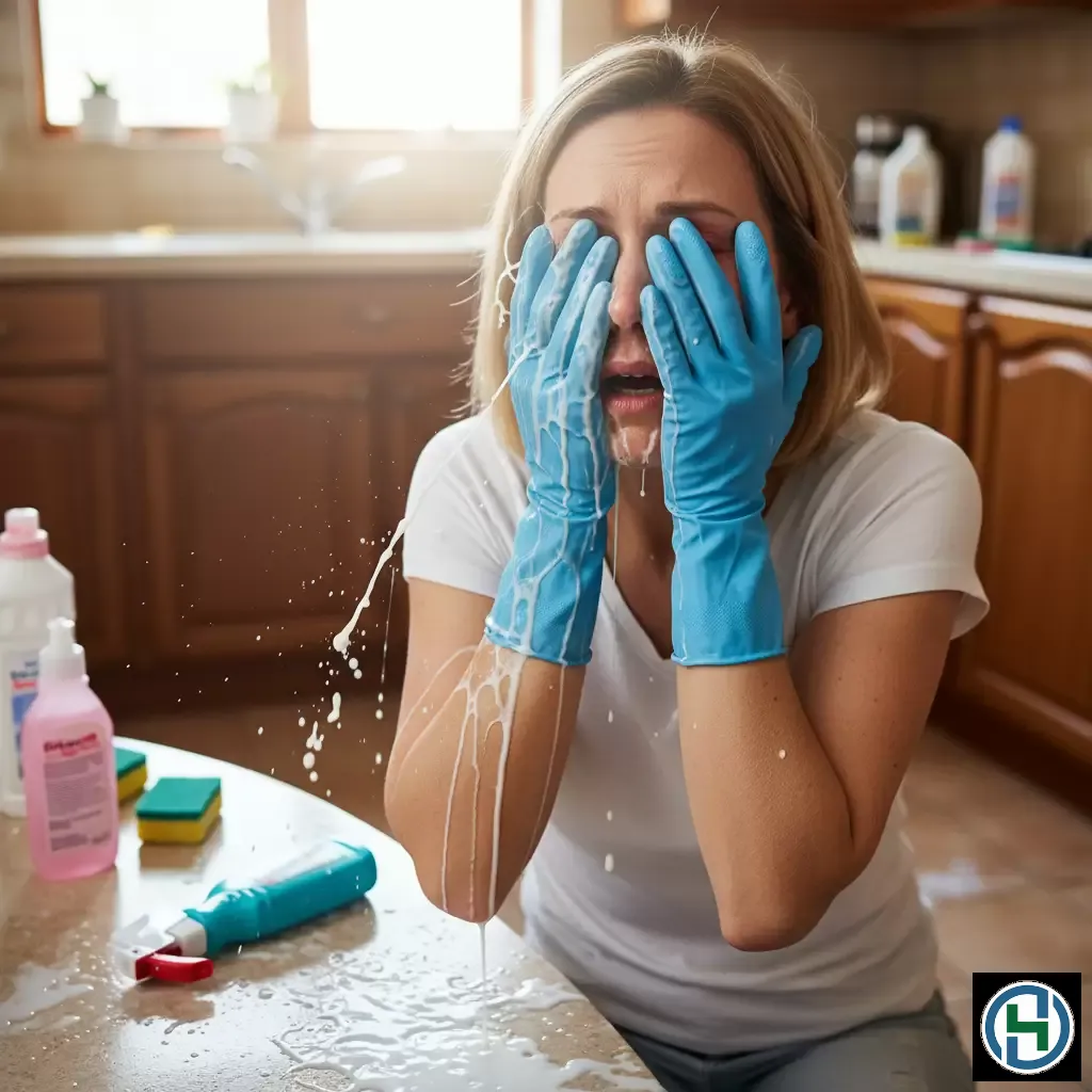 gemini_image_1770261667 Sự cố hóa chất bắn vào mắt khi dọn dẹp đòi hỏi quy trình xử lý khẩn cấp và chính xác