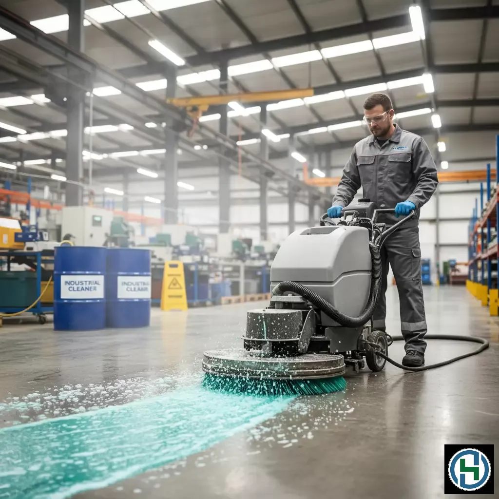 Sử dụng hóa chất vệ sinh công nghiệp chuyên dụng giúp xử lý các vết bẩn cứng đầu trên diện tích lớn