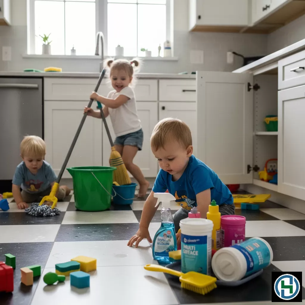 Trẻ nhỏ tò mò với các chai lọ hóa chất tẩy rửa trong nhà