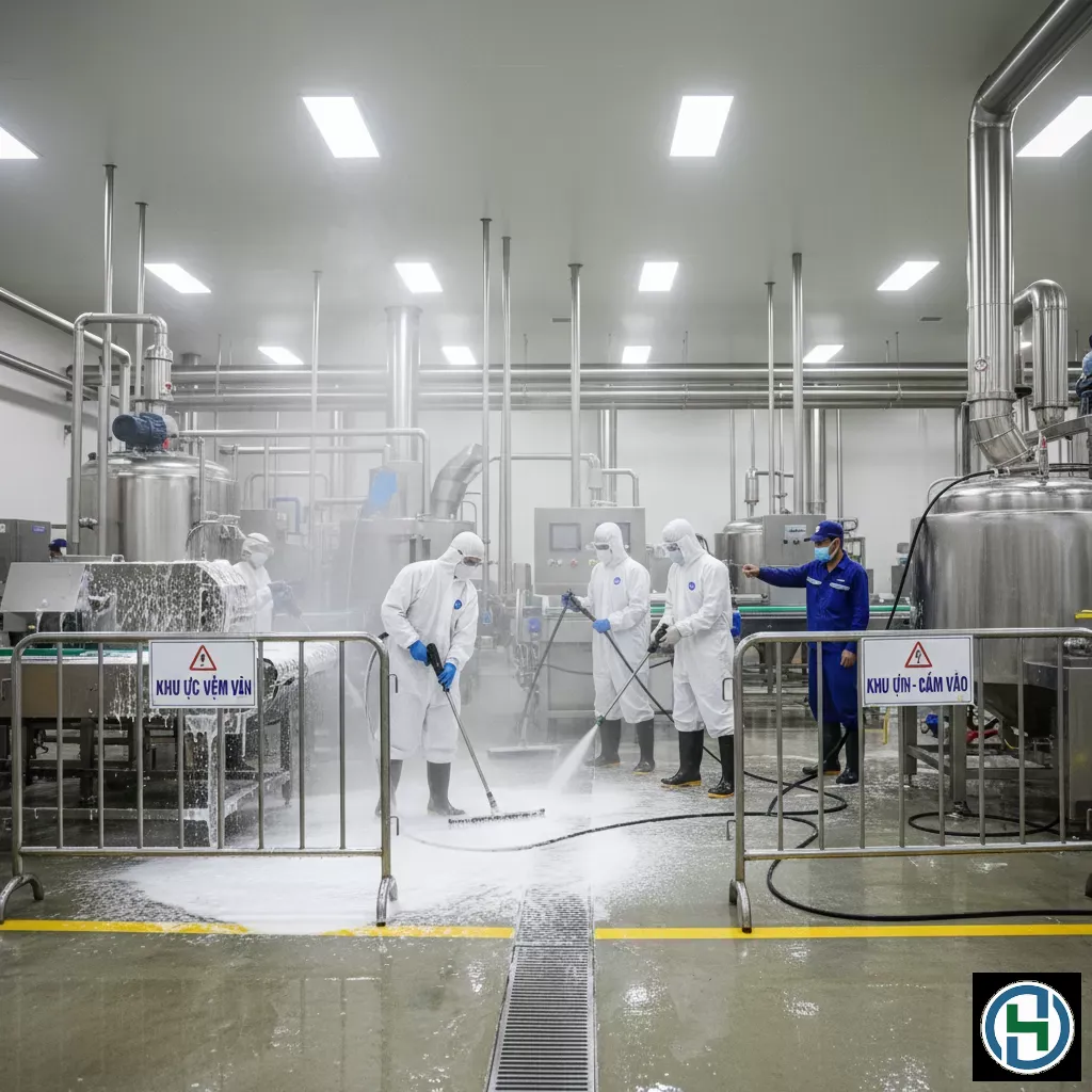 Quy trình vệ sinh nghiêm ngặt tại xưởng sản xuất thực phẩm bằng hóa chất chuyên dụng