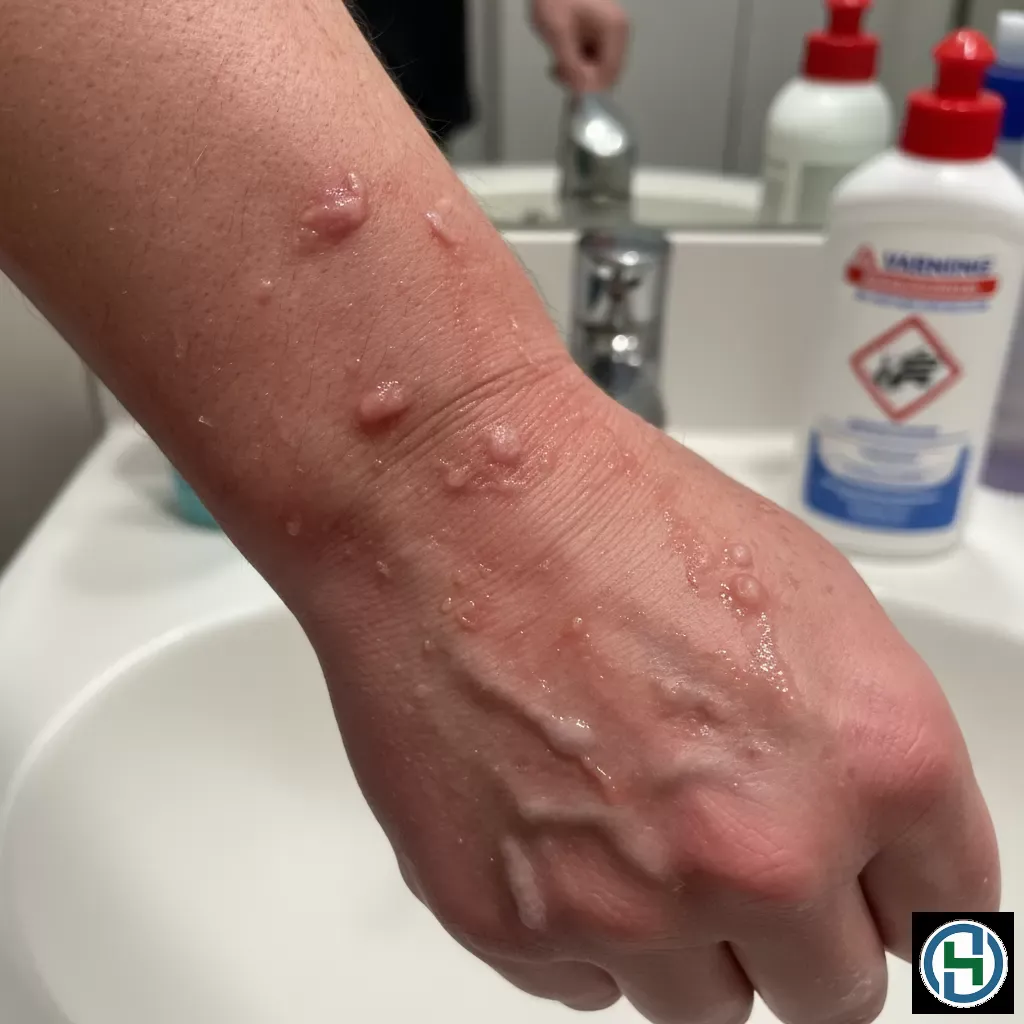 Viêm da và kích ứng là những biểu hiện rõ rệt nhất khi tiếp xúc với hóa chất tẩy rửa mạnh