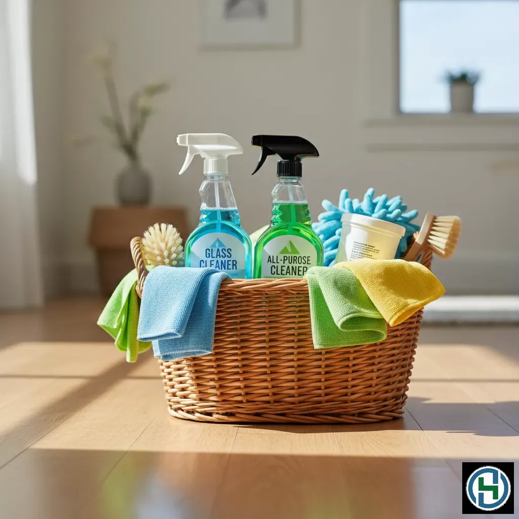 Một chiếc giỏ dọn nhà khẩn cấp được sắp xếp ngăn nắp giúp tối ưu hóa công việc vệ sinh