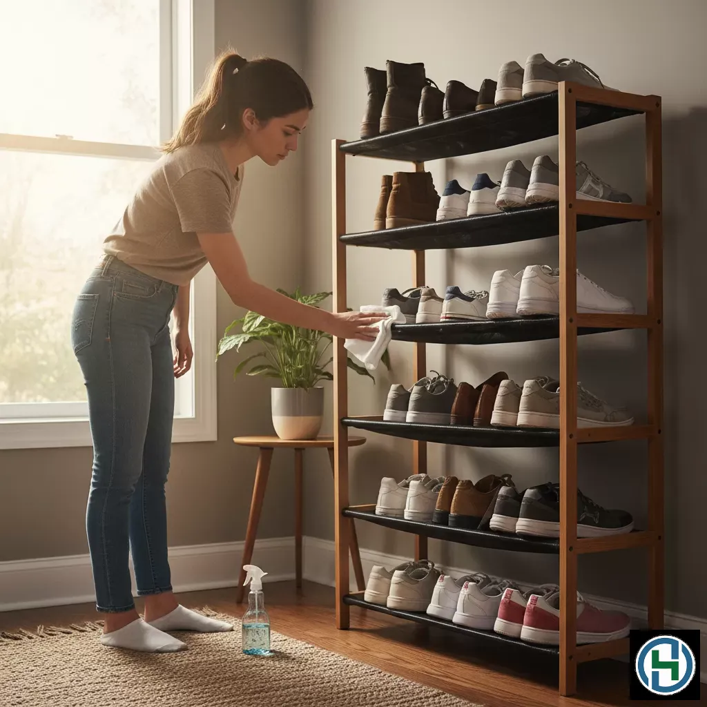 Vệ sinh bề mặt kệ giày bằng dung dịch chuyên dụng để loại bỏ vi khuẩn